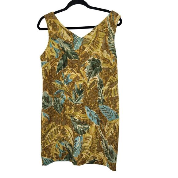 Vtg Mini Shift Dress Sz 10 Leaf Print Sleeveless V-Neck Brown Topical Resort - Picture 11 of 11